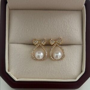 Elegant Gold Bow Pearl Earrings|Gold Earrings|Christmas Gift for her